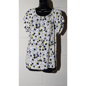 Ann Taylor Floral Print Blouse Top Short Sleeve Blue Yellow Black Flowers Small